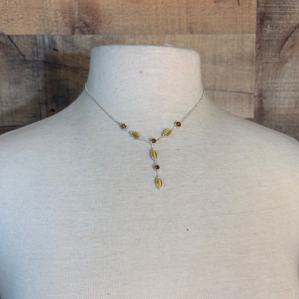Silver Tone Olive Green Marquise Cat Eye Honey Rhinestone Y-Drop Necklace